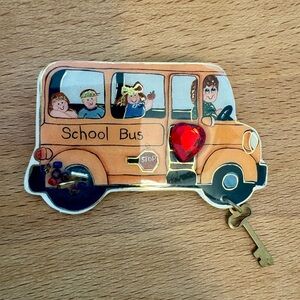 Vintage 1993 Bagatelle School Bus Brooch Red Heart Gem & Key Teacher Pin
